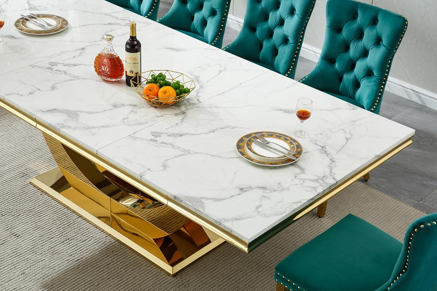 94 Inch White Marble Dining Table for 6-10 People, Modern Extra Long Rectangular Kitchen Table w/Faux Marble Top & Gorgeous Mirrored Stainless Steel Base, Large Rectangular Gold Dining Room Table