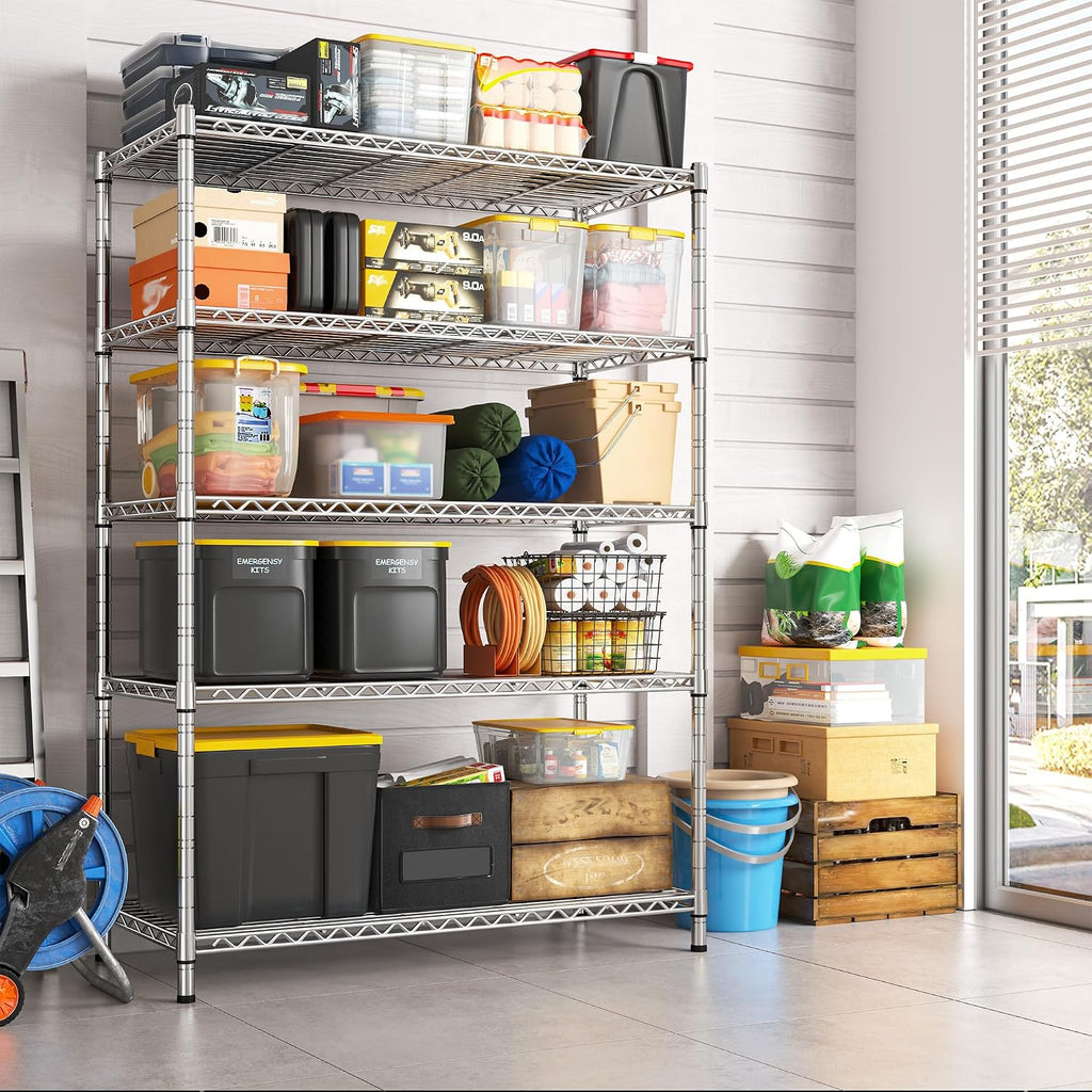 REIBII 72.8" Wire Shelving with Wheels,5 Tier 1653LBS Heavy Duty Shelves | Chrome rolling rack, 331 lbs/shelf, 5-tier, lockable wheels, rust-proof, adjustable height, tool-free, garage, kitchen