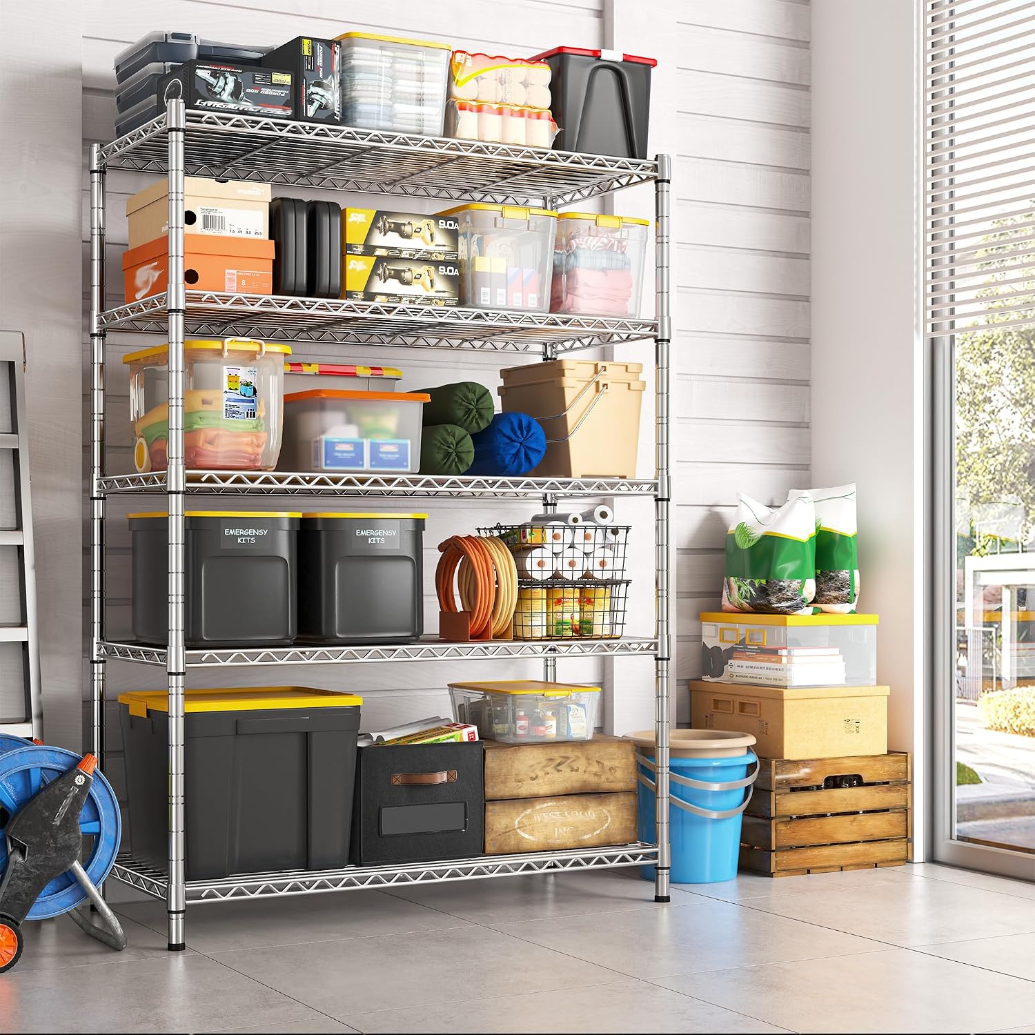 REIBII 72.8" Wire Shelving with Wheels,5 Tier 1653LBS Heavy Duty Shelves | Chrome rolling rack, 331 lbs/shelf, 5-tier, lockable wheels, rust-proof, adjustable height, tool-free, garage, kitchen