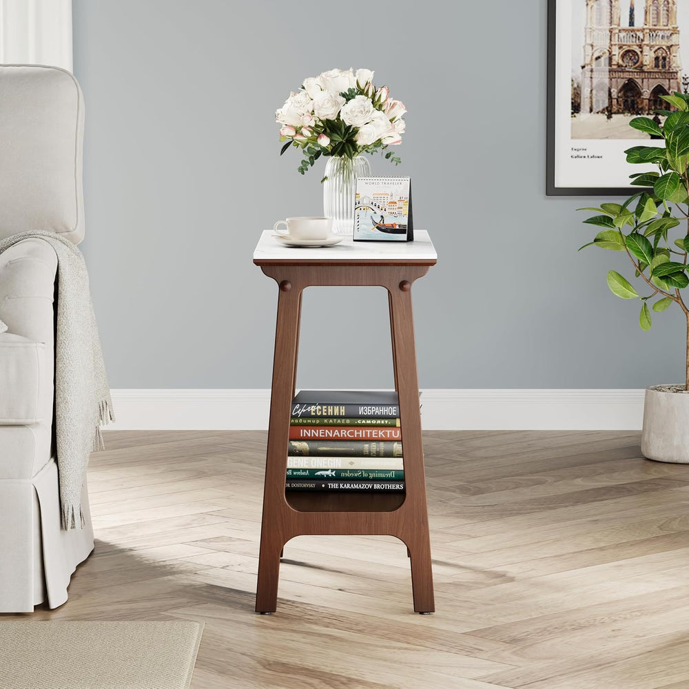 Narrow Side Table with Storage Shelf, Reddish Brown Walnut, 23.54 x 11.75 x 2...