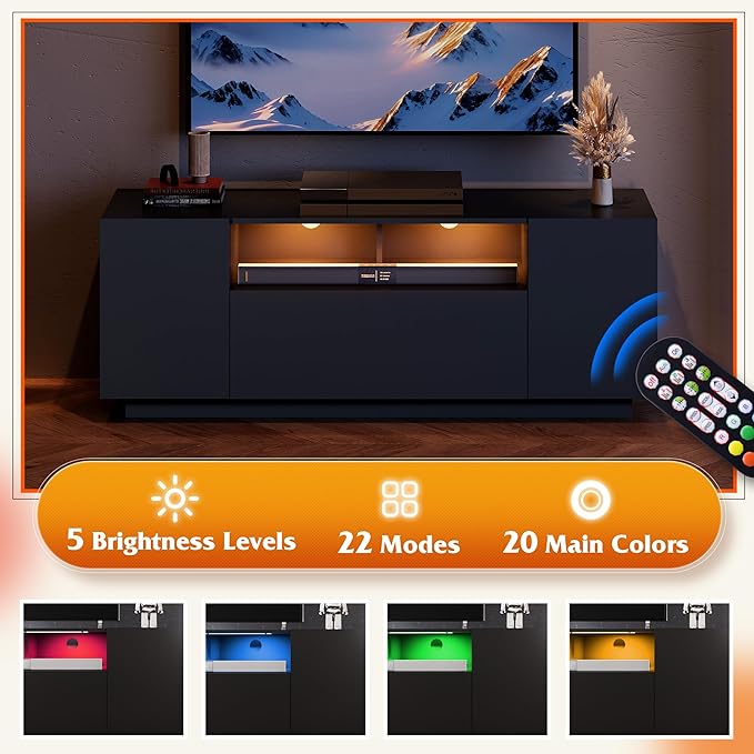 WLIVE TV Stand with LED Lights & Large Storage Cabinet, Modern Entertainment Center for 32/43/50/55 Inchs TVs, Sturdy Media Console for Living Room, Bedroom,Gaming(Black)