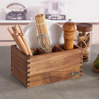 Acacia Wood Utensil Holder, Paper Plate Dispenser Organizer for Countertop - 4 Compartment Silverware Caddy for Friendsgiving Party - Cutlery Holder for Cup, Fork, Spoon, Kitchen, Camping