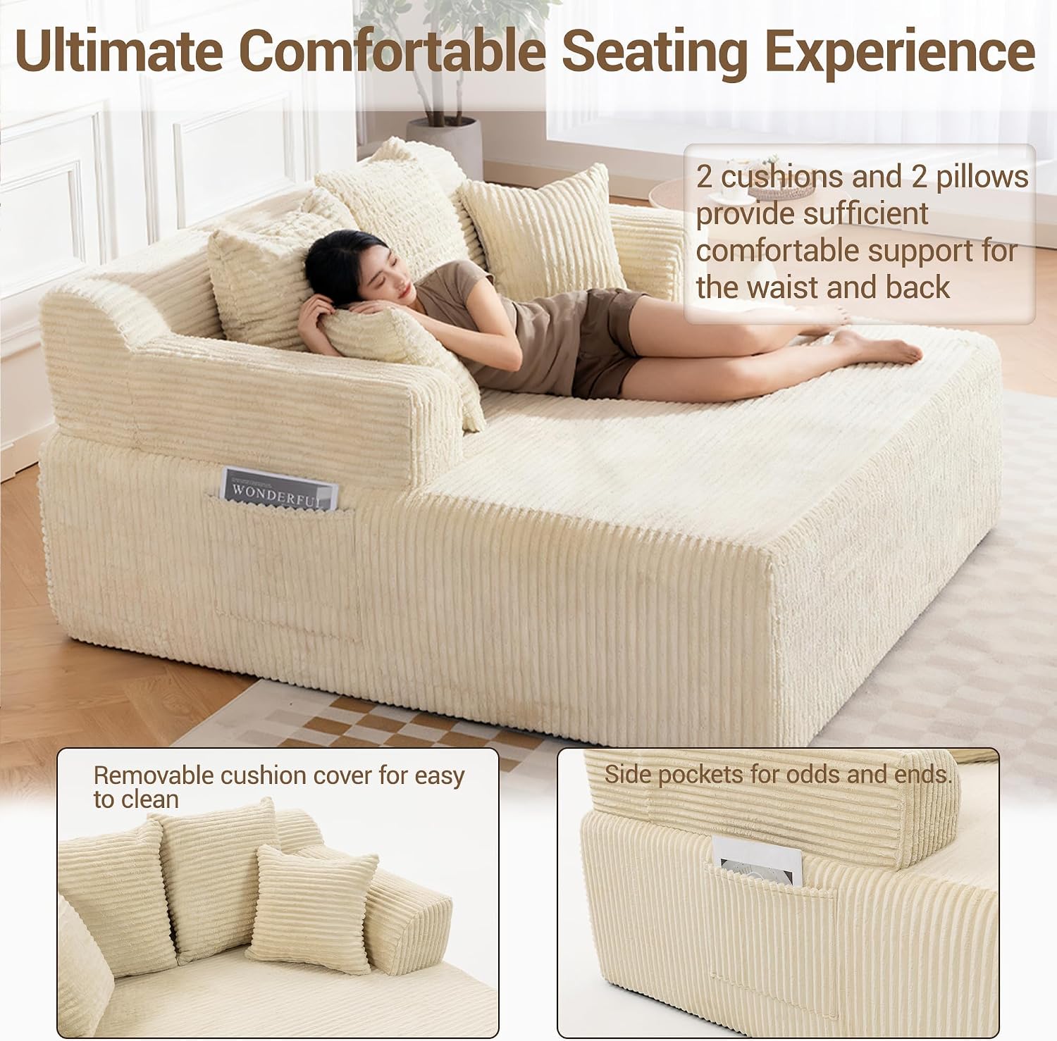 58" Oversized Boneless Chaise Chair, Beige | Corduroy Lounge Chair Indoor Sleeper Sofa Bed with Arms and 4 Pillows No Assembly for Bedroom Living Room
