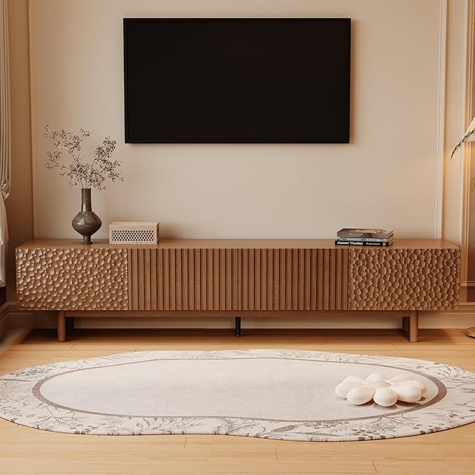 86.61" Mid-Century Modern TV Stand, Walnut Entertainment Center for TVs Up to 85", Media Console with 4 Doors & Large Storage, Sturdy Wooden Legs & Cable Management for Living Room