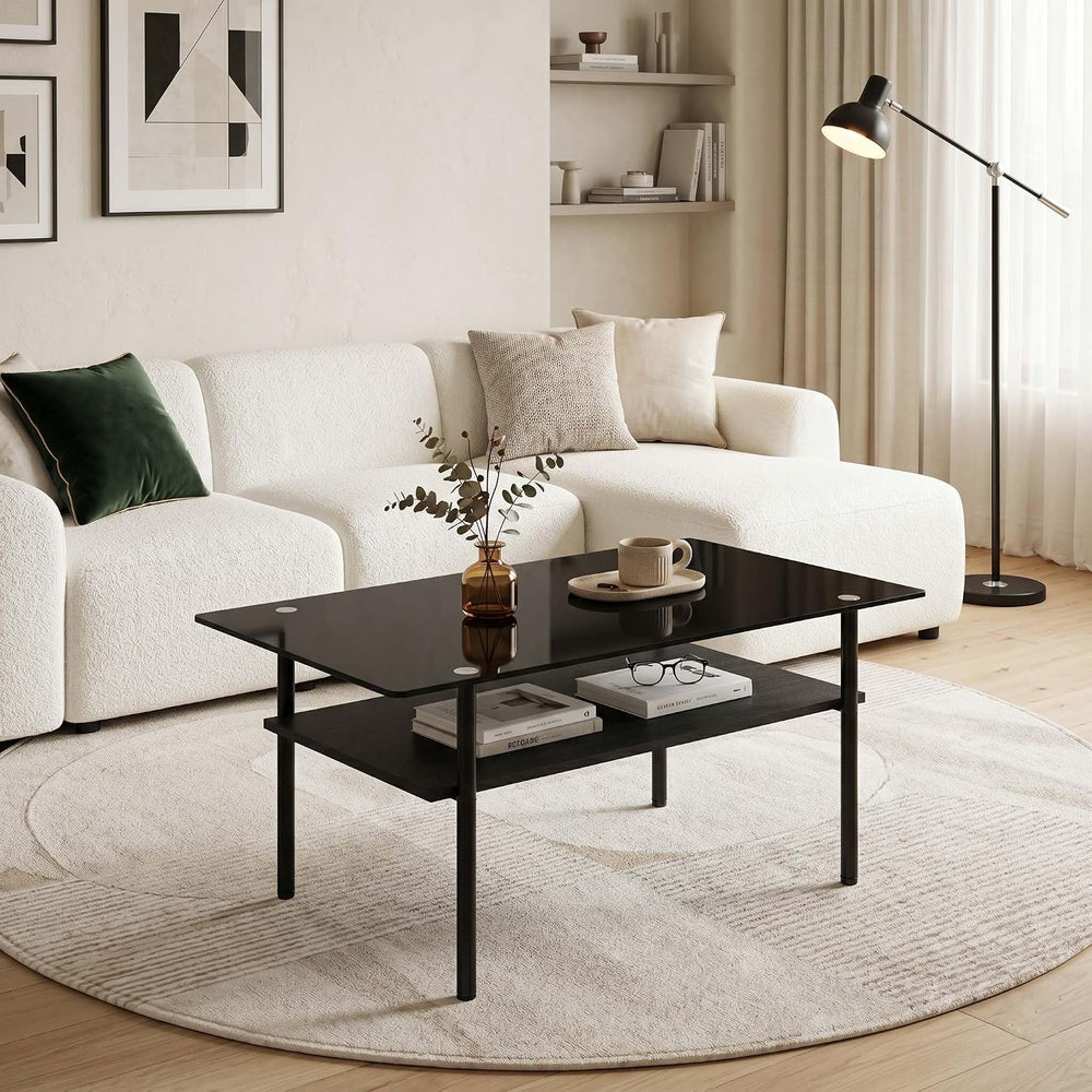 3 Piece Glass Coffee Table Set with 2-Tier Storage, Tempered Glass Living Roo...