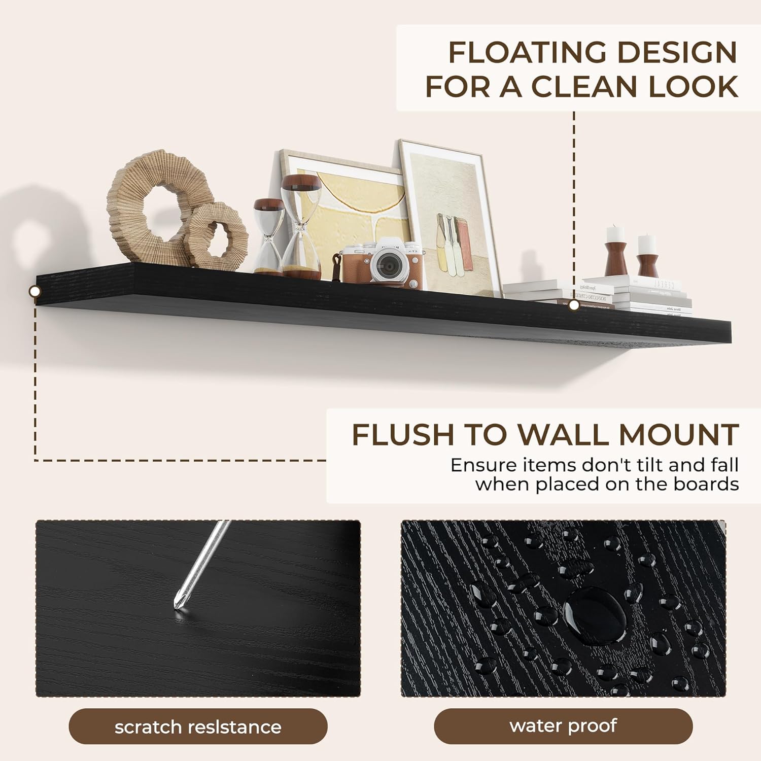 RICHFOCUS 72Inch Floating Shelves for Wall 1 Pack Shelves for Bedroom|Kitchen|Bathroom Wall Mounted Rustic Wood Floating Shelf with Invisible Brackets for Books|Storage|Decor, Black
