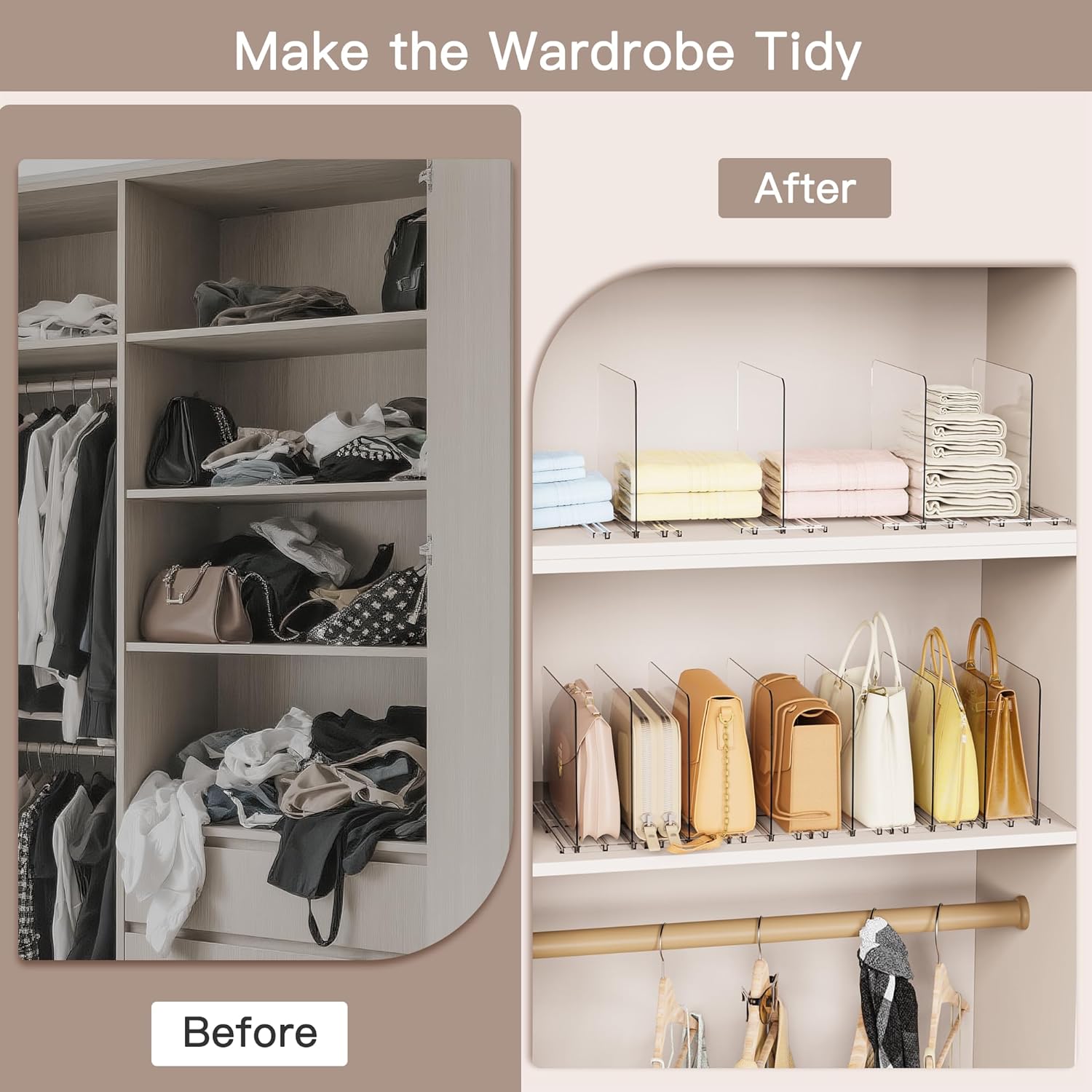 Criusia Adjustable Closet Purse Organizer Rack – 28.8" Extra-Long Shelf Divider with 12 Base Panels & 16 Dividers – Non-Slip Handbag Holder for Bags, Clothes, Kitchen, Office