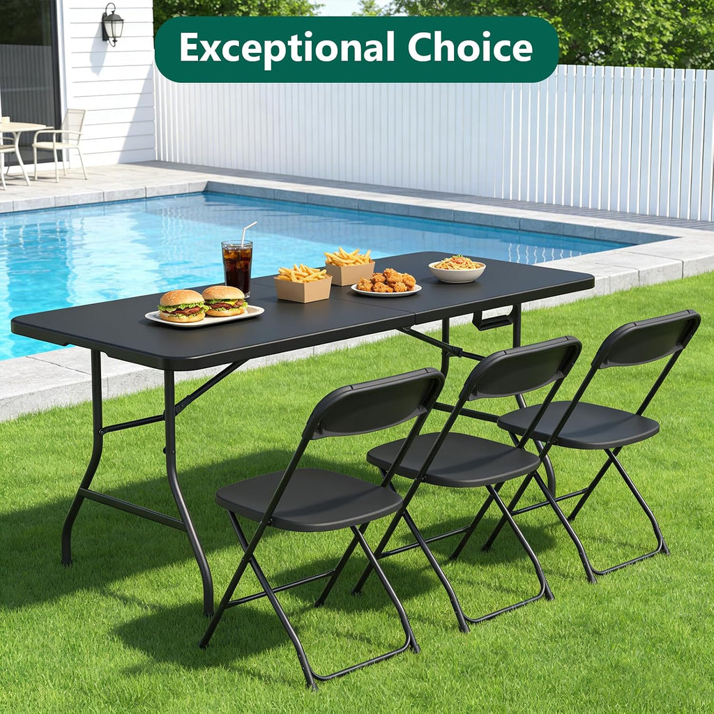 Folding Table 6FT Heavy Duty Plastic Table with Handle, Foldable&Portable, Fold-in-Half Utility Tables for Outdoor, Dining, Wedding, Events, Indoor, Picnic, Camping, Party, Black