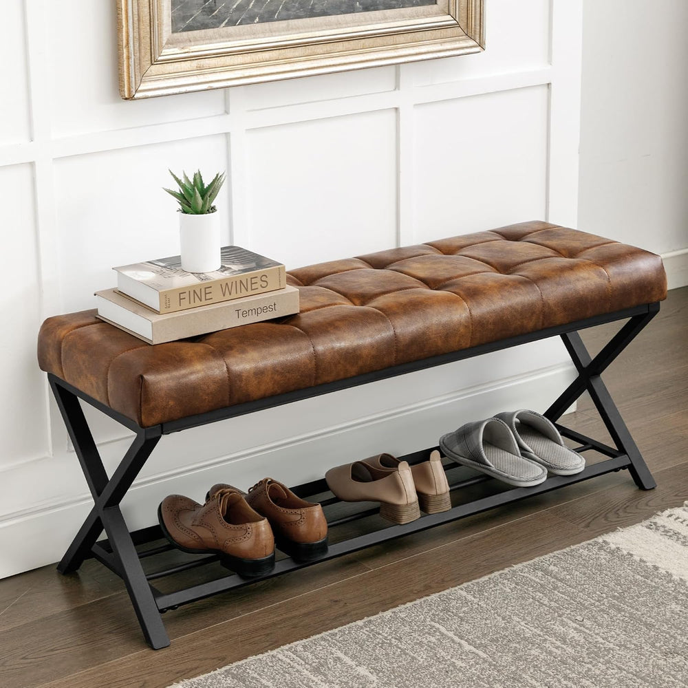 LUE BONA 44.5” End of Bed Bench with Shelf, Linen Tufted Upholstered Storage ...