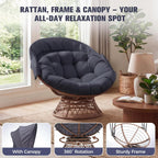 GTPLAYER Outdoor Wicker Egg Chair PE Rattan Chair with Cushion, Oversized Patio Lounge Chair with Canopy Papasan Chair 360° Swivel Base for Outdoor, Indoor, Balcony, Backyard, Garden, Gray