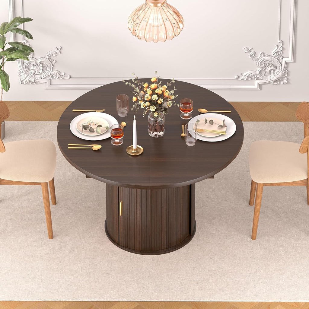 Extendable Round Dining Table: 47″–63″ Kitchen Table for 4 6 8 with Dust-Proof 2-Tier Storage Shelf Space Saving, Modern Farmhouse Expandable Wood Oval Circle Dinner Furniture with Pedestal Base