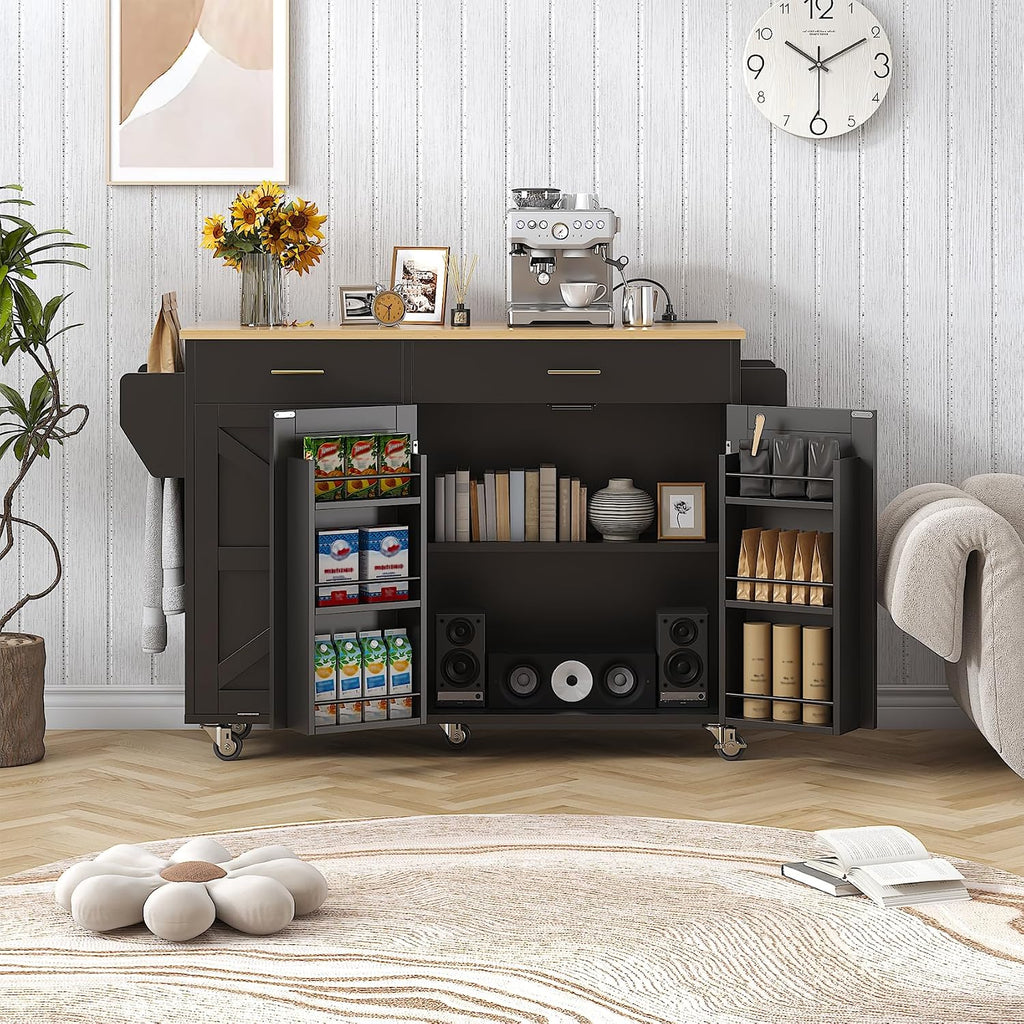VVFLU 51.8" Kitchen Island Cart with Trash Can Storage, Kitchen Island on Wheels with Power Outlet & Drop Leaf, Rolling Kitchen Cart with Towel Rack & Spice Rack, Mobile Islands Table for Kitchen