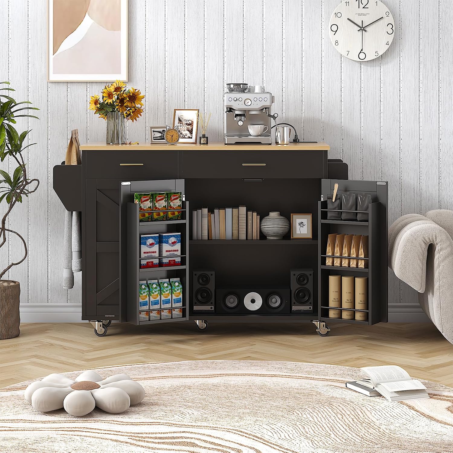 VVFLU 51.8" Kitchen Island Cart with Trash Can Storage, Kitchen Island on Wheels with Power Outlet & Drop Leaf, Rolling Kitchen Cart with Towel Rack & Spice Rack, Mobile Islands Table for Kitchen