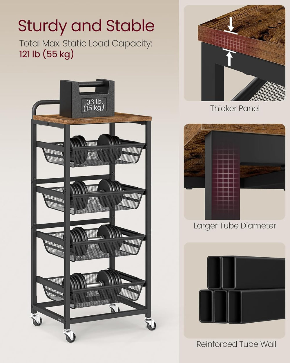 VASAGLE Storage Rolling Cart with Pull-Out Baskets, 5-Tier Utility Cart Orgni...