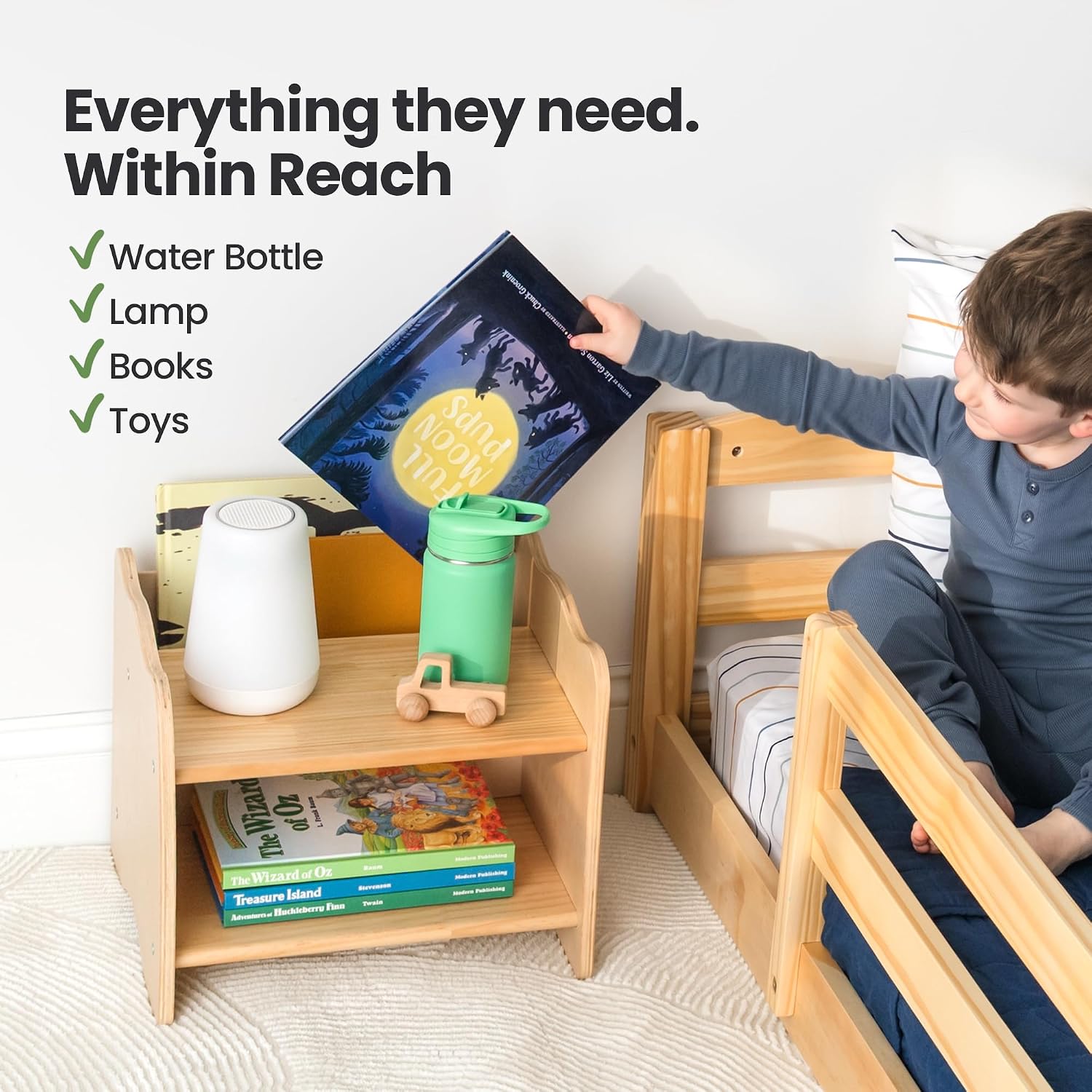 Ocodile Kids Nightstand for Floor Beds, Solid Wood Small Bedside Table with Book Pocket, Low Tiny Nightstand for Nursery, Toddler & Kids Room, Montessori Style Side Table - Varnished