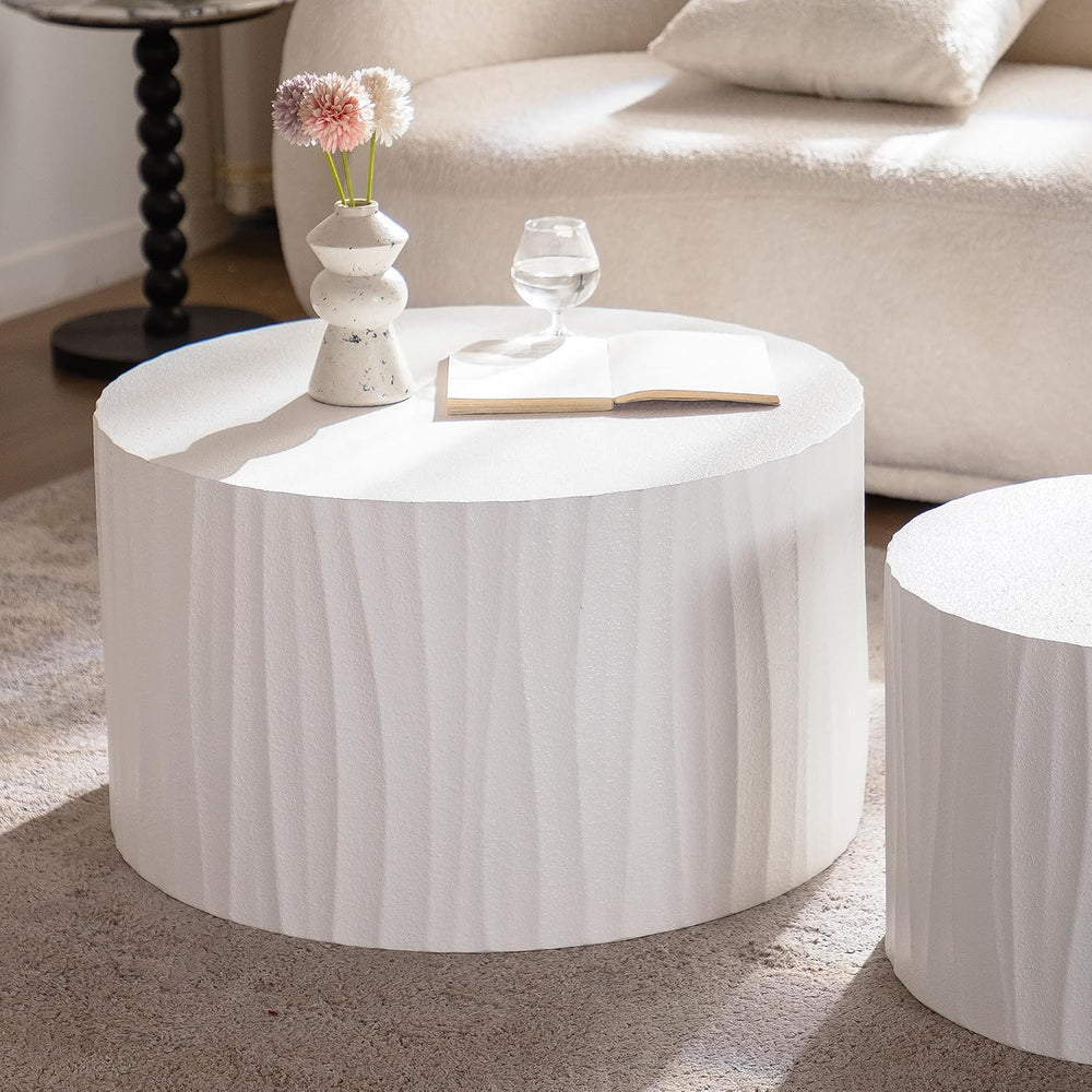 Nesting Coffee Table Set of 2, Modern Round Wooden Drum Side End Coffee Table...