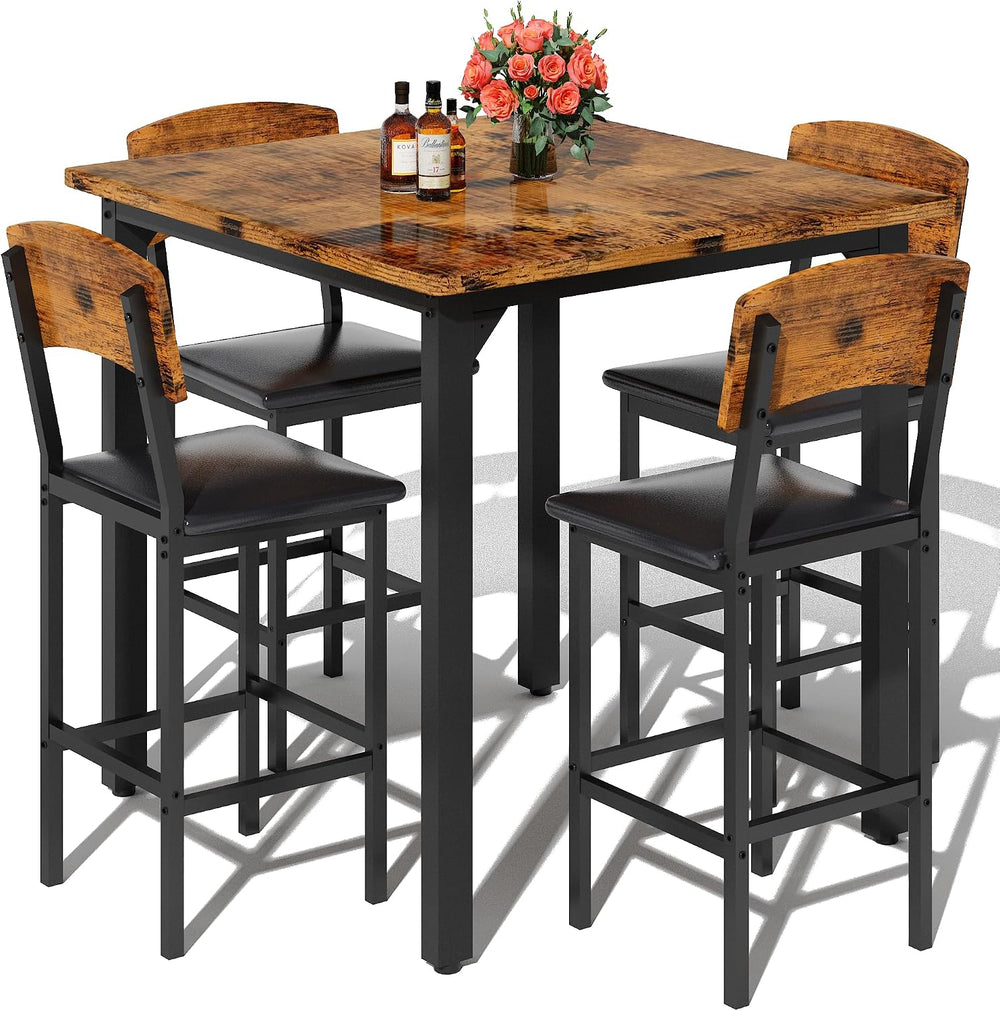 AWQM 5-Piece Dining Table Set, Kitchen Table Set for 4 (Walnut) | Counter Hei...