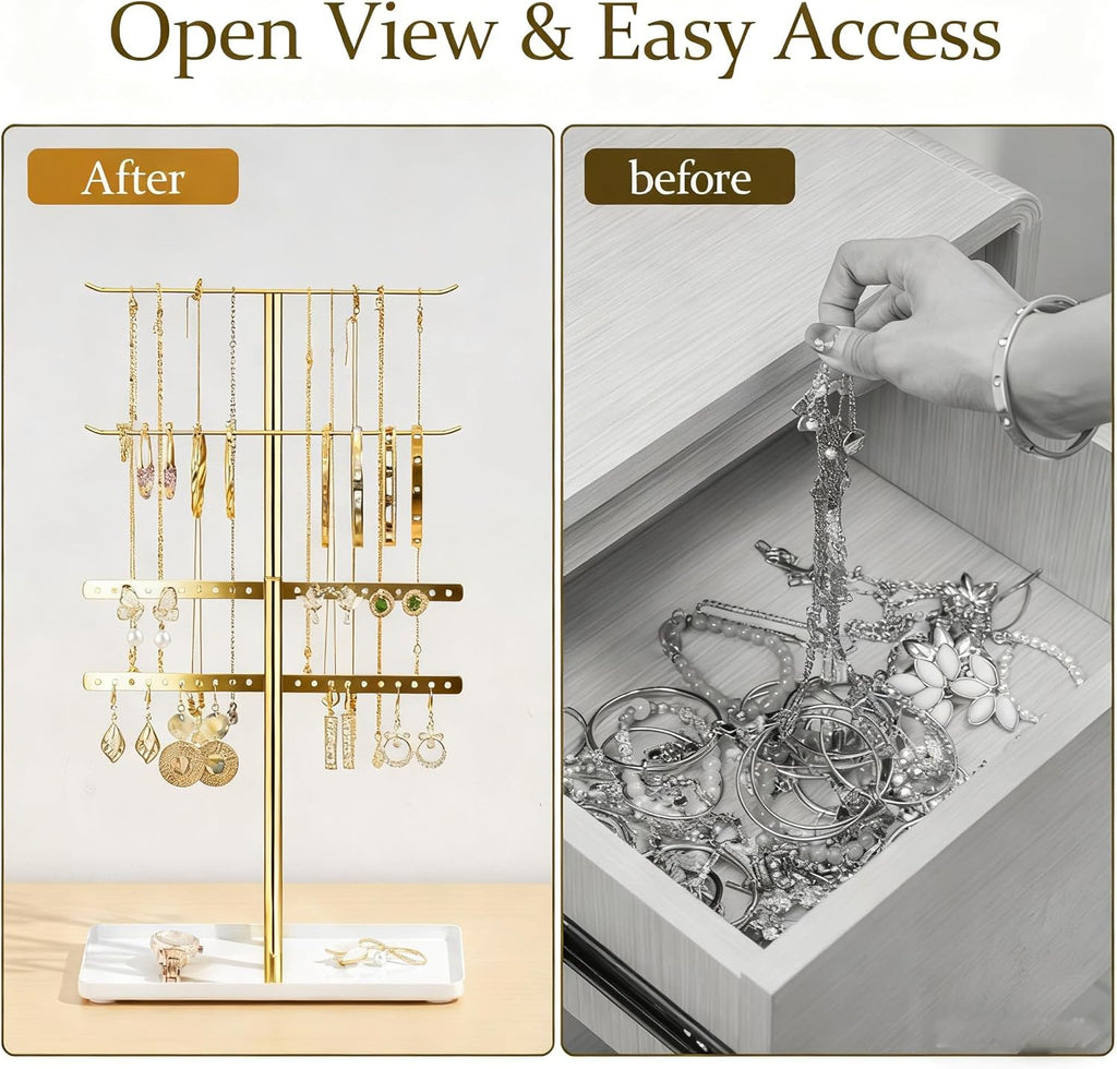 pickpiff Jewelry Stand Organizer Necklace Holder- 14.5" Sturdy Earring and Bracelet Display Hanger, Mirrored Gold, Aesthetic Room Decor