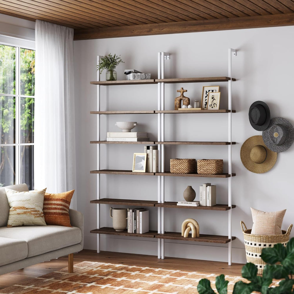 Nathan James Theo 6-Shelf Tall Bookcase, Wall Mount Bookshelf with Natural Wo...