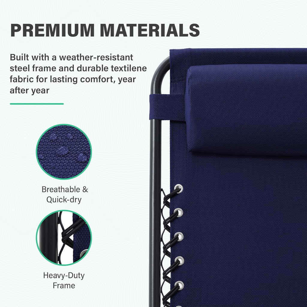 JEAREY Oversized Zero Gravity Lounge Chairs Set of 2, Adjustable Steel Mesh Recliners with Pillows and Cup Holder Trays for Patio, Garden, Beach, Navy Blue