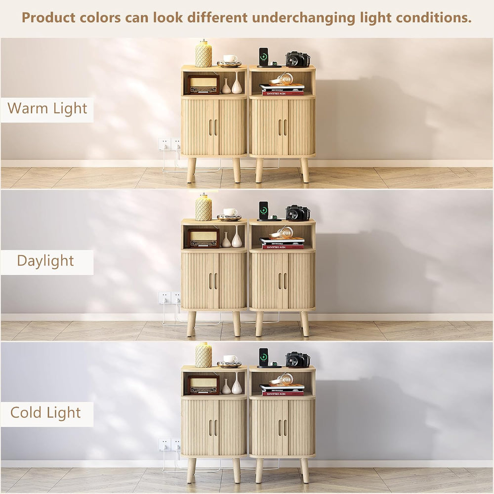 Alohappy Fluted Nightstands Set of 2 with Charging Station, Mid Century Moder...