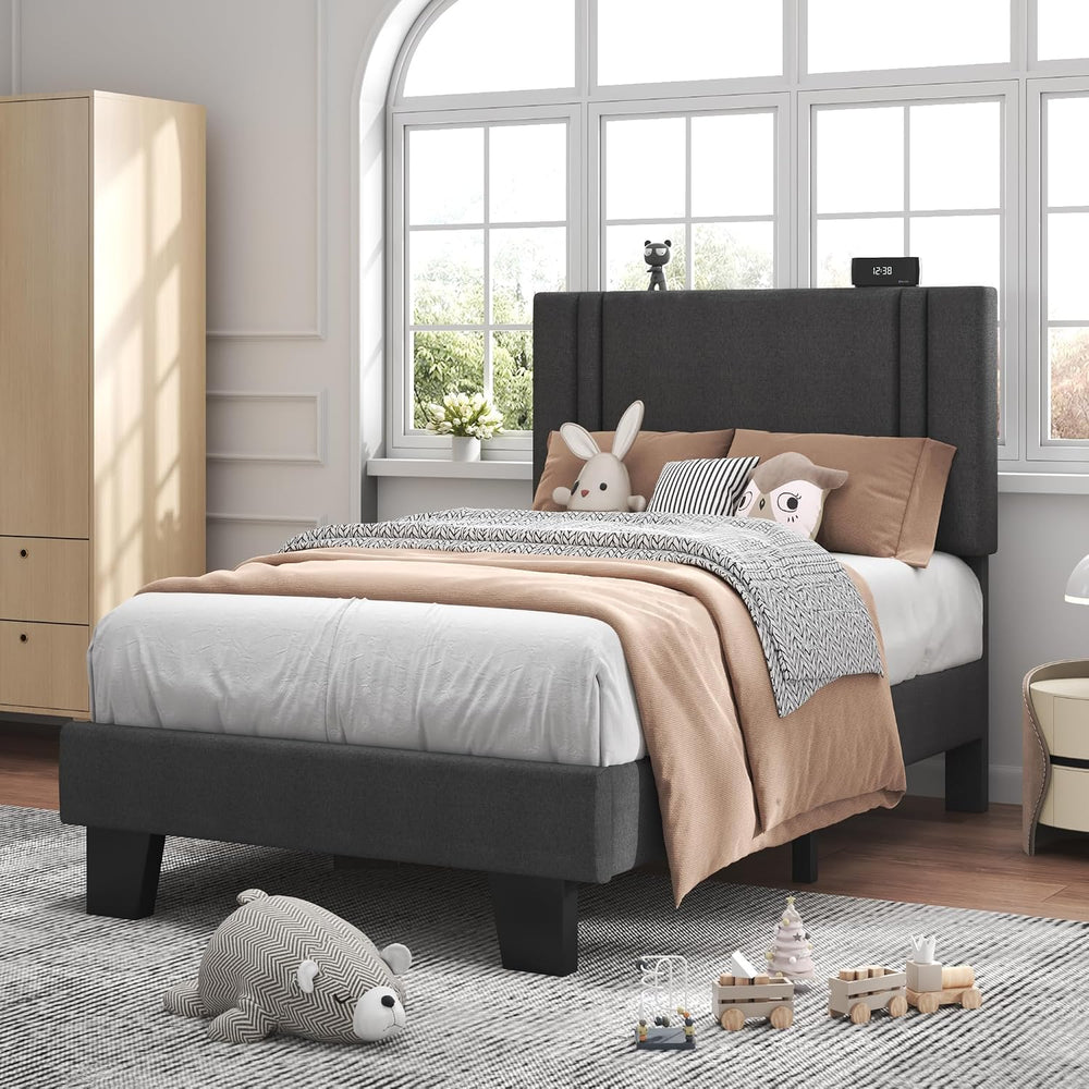 Feonase Twin Platform Bed Frame, Fabric Upholstered Twin Bed Frame, Solid Woo...