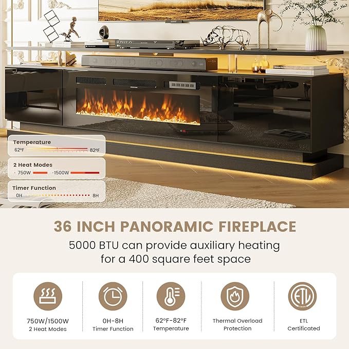 70" Fireplace TV Stand, Modern Entertainment Center for TVs Up to 80", TV Console with Storage Cabinets, Media Console for Living Room, Black TV Stand and Black Fireplace WI-FI Enabled