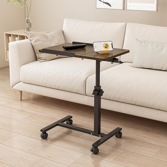 Mobile Laptop Stand for Couch Overbed Table with Wheels Adjustable Height Tilting Sofa Laptop Bed Table Rolling Cart Medical Overbed Table (Brown)