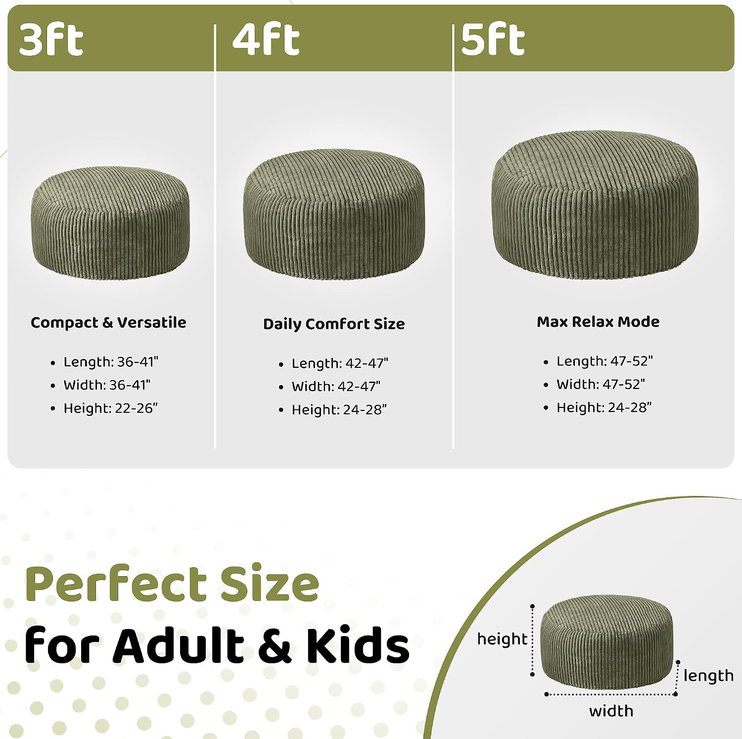 HABUTWAY 4FT Bean Bag Chair, 4' Large Bean Bag Chairs for Adults with Removable Stripe Plush Cover, Memory Foam Beanbag Chair for Living Room Bedroom Dorm (Green)