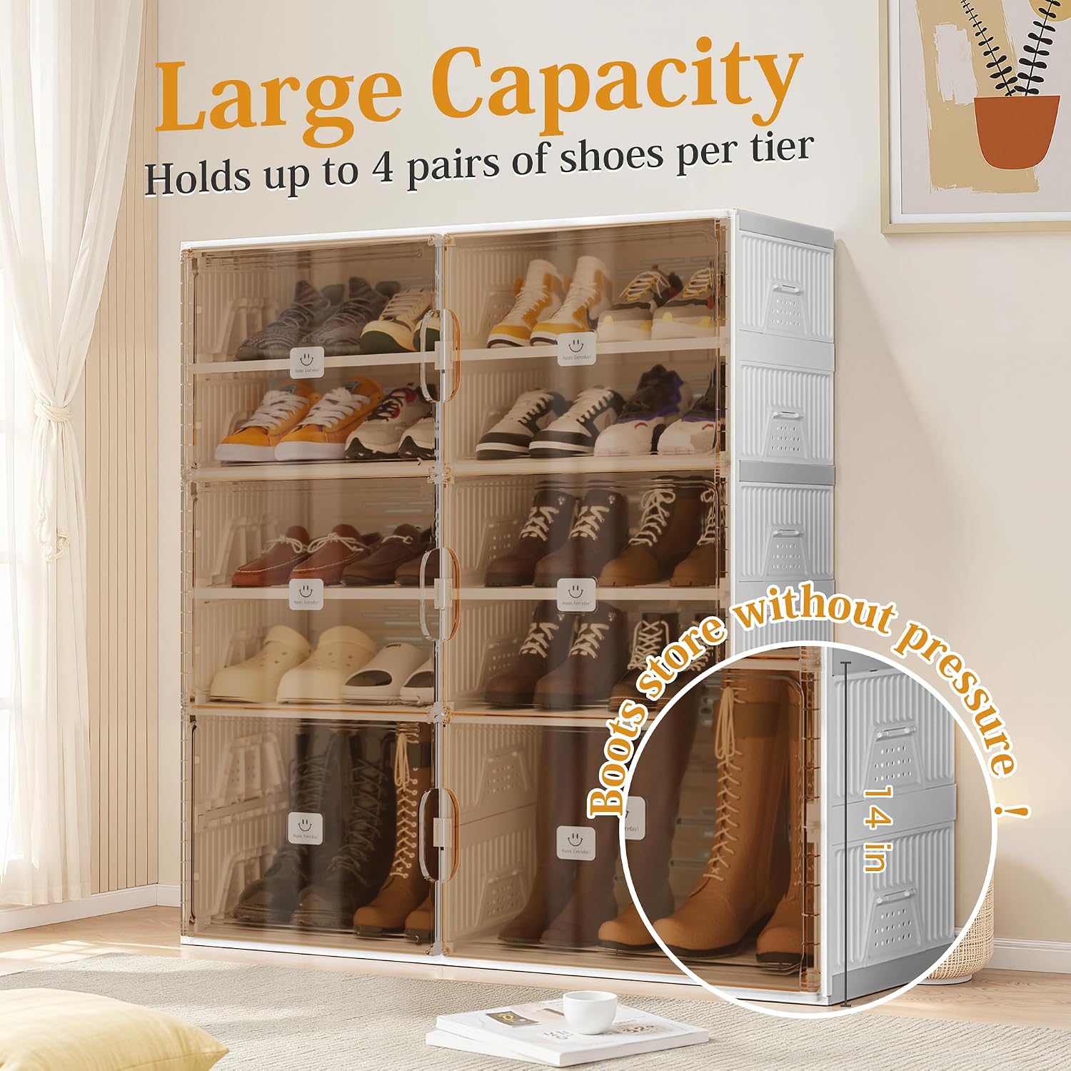 Foldable Shoe Rack Organizer for Entryway with Clear Magnetic Doors - Large Capacity Shoe Cabinet for Boots, Sneakers & All Shoes, Easy Assembly, White 9-Tier 36 Pairs