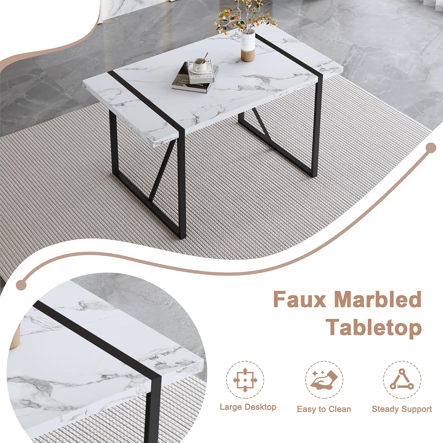 55" Dining Table Set for 4, 5 Piece Modern Dining Table Set for 4 with Fabric Chairs, Farmhouse Kitchen Table Set for 4 Suit for Living Dining Room Furniture, Sturdy and Easy-to-Clean（White & Gray）