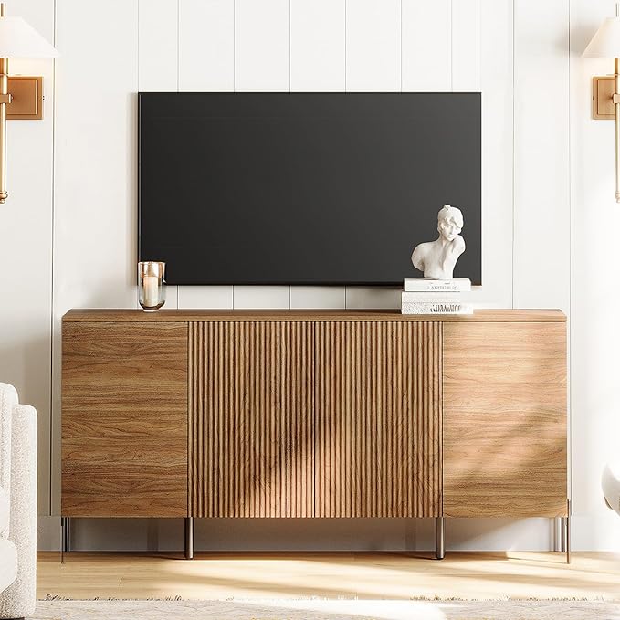 WAMPAT 61.6" TV Stand Cabinets for TVs up to 70 Inches, Entertainment Center with Storage Cabinets and 4 Doors, Mid Century Modern Media TV Console Table for Living Room Bedroom, Brown