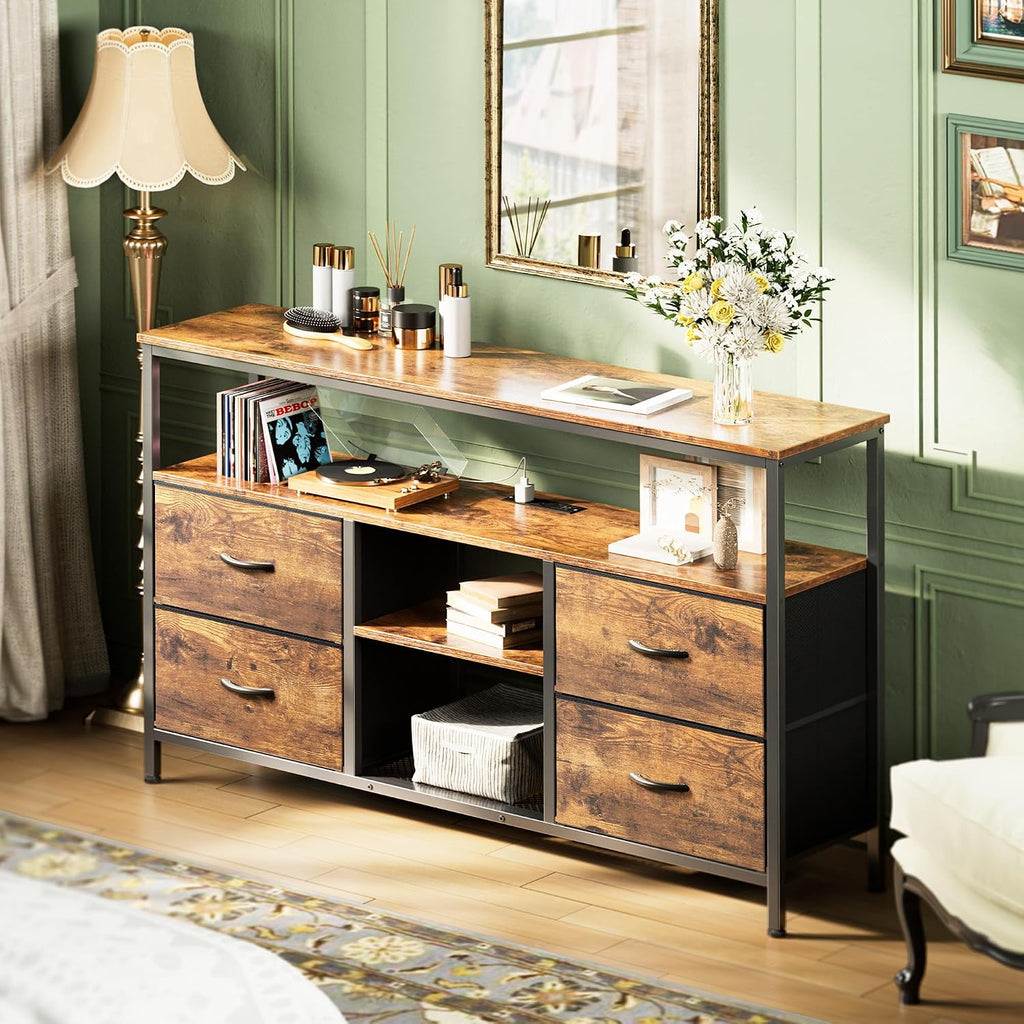 Huuger 47 Inch TV Stand Dresser with Power Outlets and LED Lights, Fabric Dresser for Bedroom, 4 Drawers Entertainment Center with Open Shelf, Media Console for 55 50 Inch TV, Rustic Brown