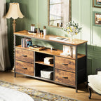 Huuger 47 Inch TV Stand Dresser with Power Outlets and LED Lights, Fabric Dresser for Bedroom, 4 Drawers Entertainment Center with Open Shelf, Media Console for 55 50 Inch TV, Rustic Brown