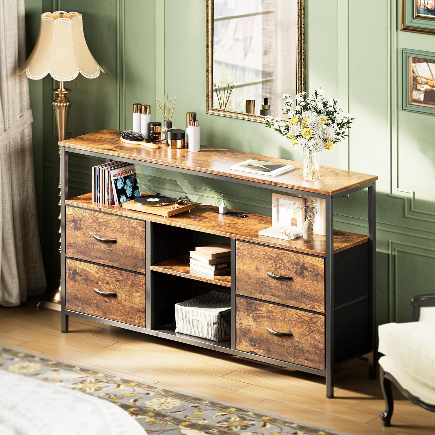 Huuger 47 Inch TV Stand Dresser with Power Outlets and LED Lights, Fabric Dresser for Bedroom, 4 Drawers Entertainment Center with Open Shelf, Media Console for 55 50 Inch TV, Rustic Brown