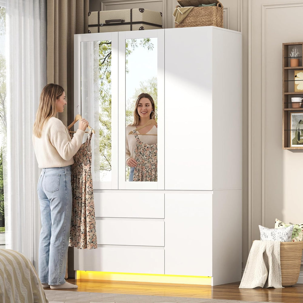 75"H Tall Modern 3 Doors Wooden Armoire Wardrobe Closet with 3 Drawers &...
