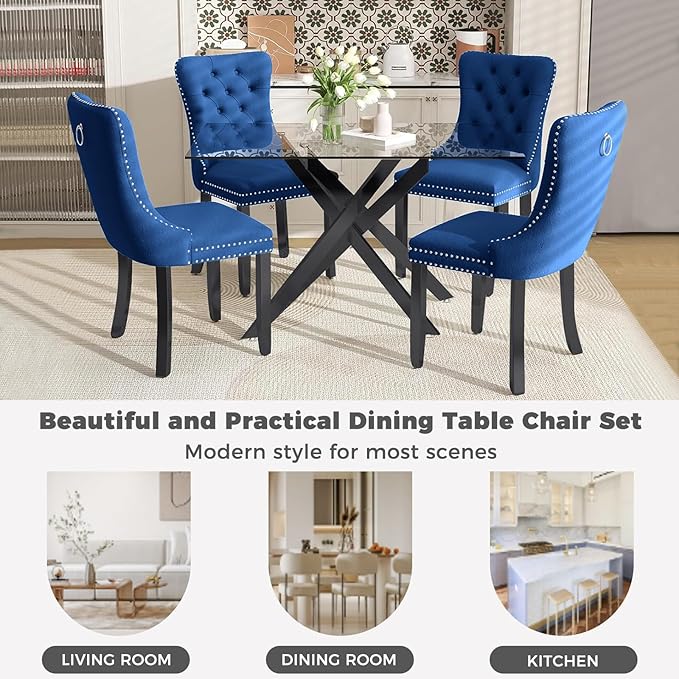 51 Inch Glass Dining Table Set for 4, Rectangular Glass Kitchen Table with 4 Upholstered Velvet Accent Chairs, 5 Piece Modern Dining Room Set, for Home, Apartment, Small Spaces - Blue Black