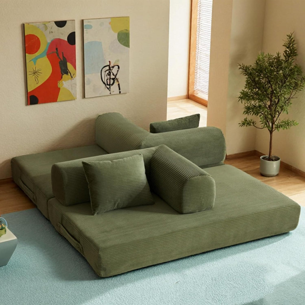 59in Boneless Couch Convertible Futon Sofa Bed Queen for Small Space | Corduroy Boneless Sleeper Sofa, Pull Out Modular Couch, Apartment Friendly for Study Room & Living Room, No Assembly | Green