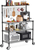 Leteuke Bakers Rack with Storage & Wheels, 42 Inch Microwave Stand Kitchen Shelves, 4-Tier Heavy Duty Storage Rack with 20 S-Hooks, Commercial Metal Utility Kitchen Cart, 42× 18× 63 Inch, Black