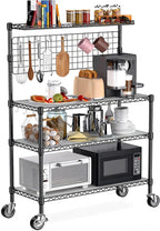 Leteuke Bakers Rack with Storage & Wheels, 42 Inch Microwave Stand Kitchen Shelves, 4-Tier Heavy Duty Storage Rack with 20 S-Hooks, Commercial Metal Utility Kitchen Cart, 42× 18× 63 Inch, Black