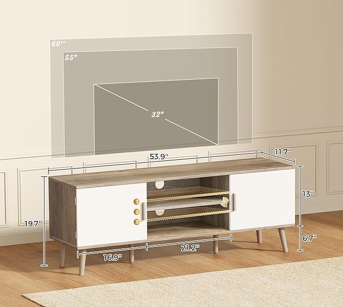 SUPERJARE TV Stand for 55 Inch TV, Entertainment Center with Adjustable Shelf, 2 Cabinets, TV Console Table, Media Console, Solid Wood Feet, Cord Holes, for Living Room, Bedroom, Gray and White