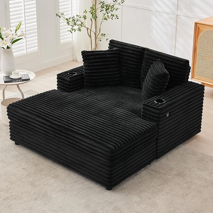 GarveeHome Oversized Chaise Lounge Chair Indoor, 56x60 Inch Comfortable Corduroy Lounge Sofa with Charging Ports & Cup Holders, Cozy Reading Couch for Bedroom Living Room Apartment, Black