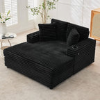 GarveeHome Oversized Chaise Lounge Chair Indoor, 56x60 Inch Comfortable Corduroy Lounge Sofa with Charging Ports & Cup Holders, Cozy Reading Couch for Bedroom Living Room Apartment, Black