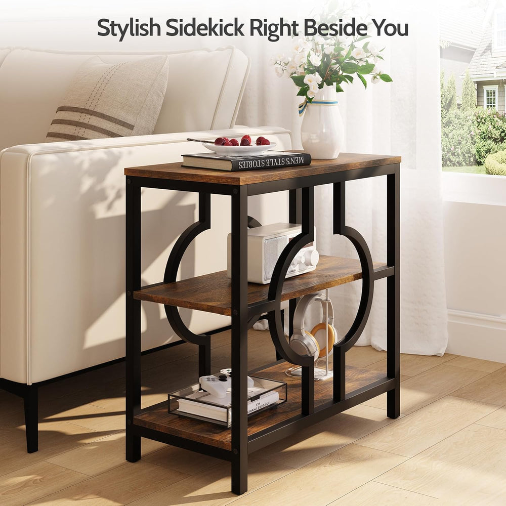 End Table, Narrow Side Table with 3-Tier Storage Shelves, Wood Sofa Side Tabl...