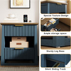 HIFYOBRO Fluted Nightstands Set of 2 with Charging Station & Motion Sensor Light, Modern Bedside Tables with 2 Drawers and Storage Shelf for Bedroom, Blue
