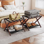HOOBRO Luggage Racks, Set of 2 Folding Luggage Holders, Bamboo Suitcase Stands, with Nylon Straps and Oxford Fabric Shelf, for Guest Room, Hotel, Bedroom, Brown and Black BR17XLP201G1
