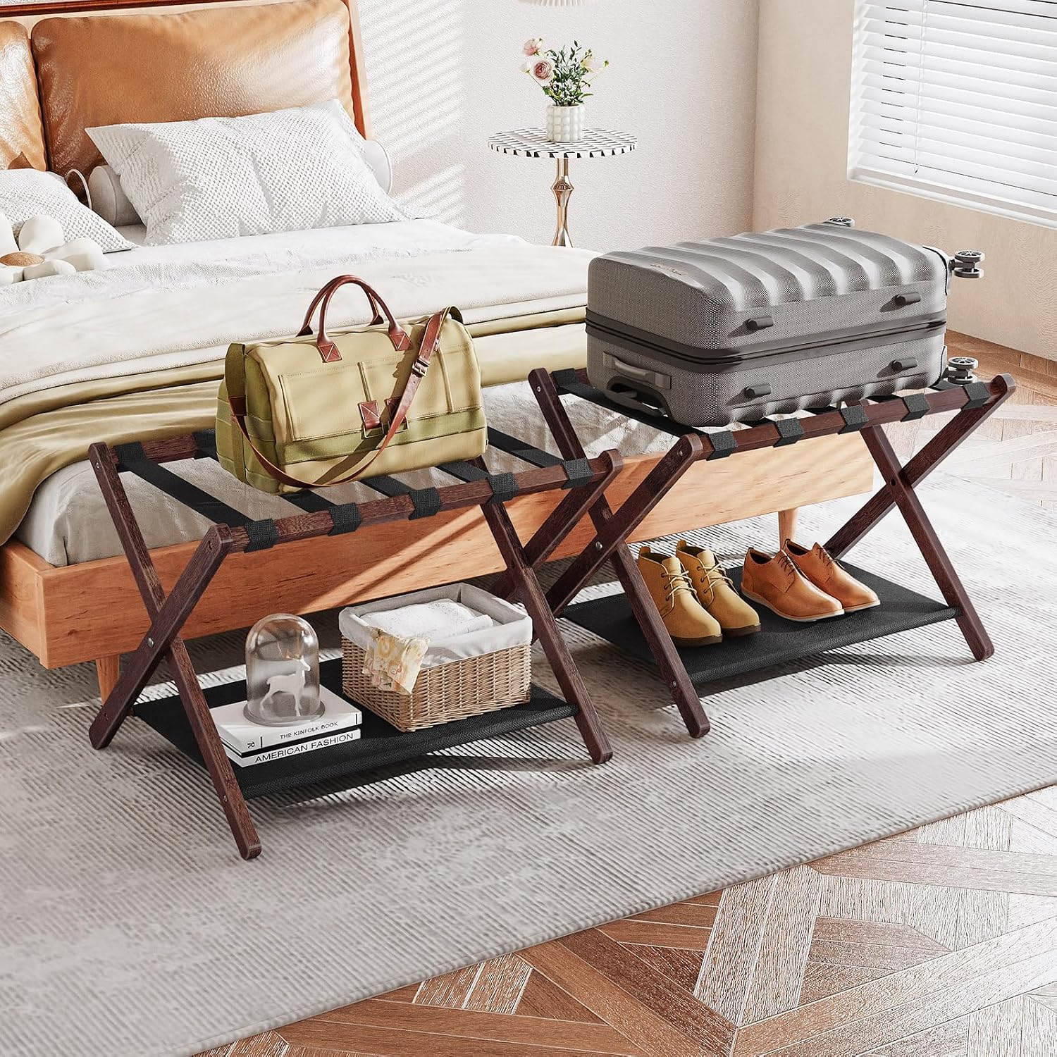 HOOBRO Luggage Racks, Set of 2 Folding Luggage Holders, Bamboo Suitcase Stands, with Nylon Straps and Oxford Fabric Shelf, for Guest Room, Hotel, Bedroom, Brown and Black BR17XLP201G1