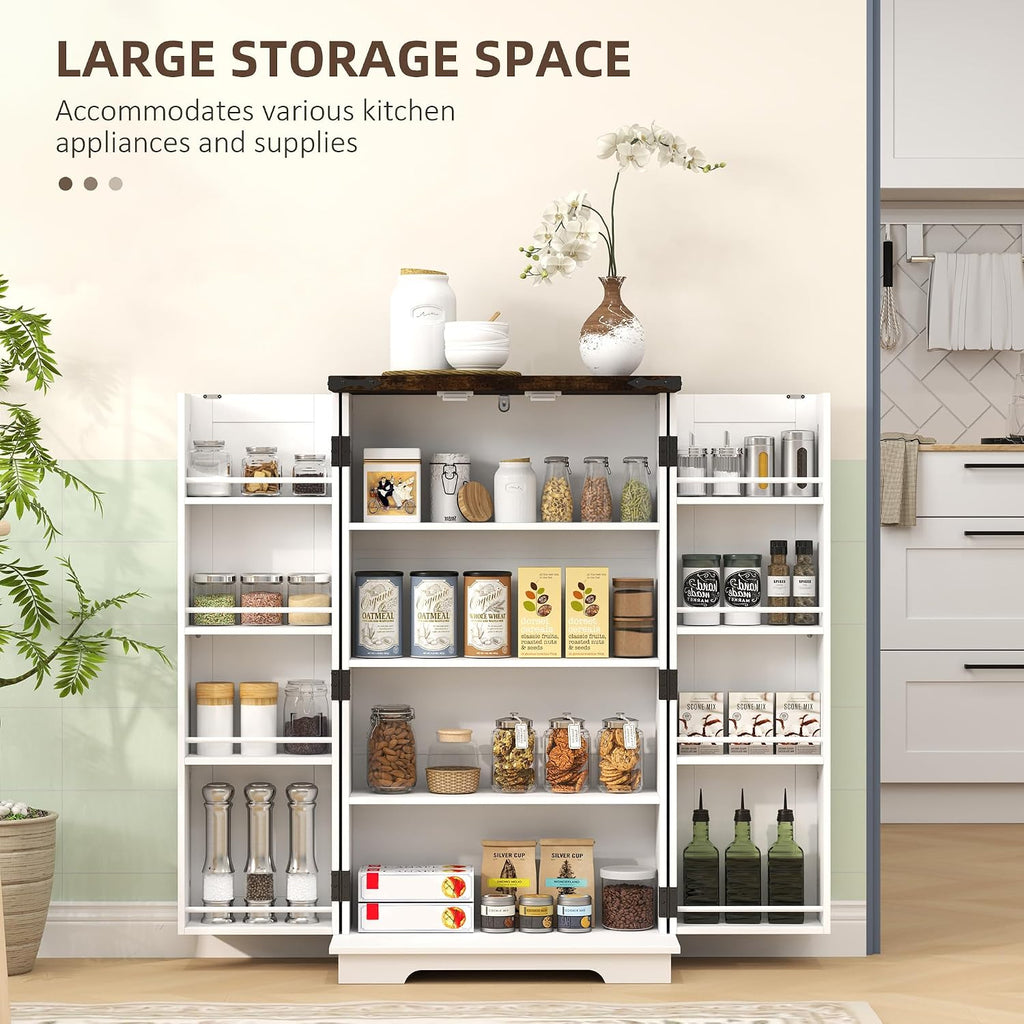 HOMCOM 41" Kitchen Pantry Cabinet Farmhouse Storage Cabinet Doors White | Freestanding, 2 Adjustable Shelves, 8 Door Shelves