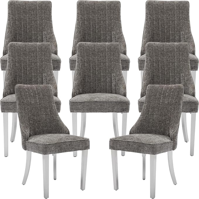 Grey Mid Century Dining Chairs Set of 8, Modern Kitchen & Dining Room Chairs Set of 8, Chenille Fabric Upholstered Kitchen Chairs for Dining Table, Sillas de Comedor, Silver Legs (Gray, 8 Pcs)