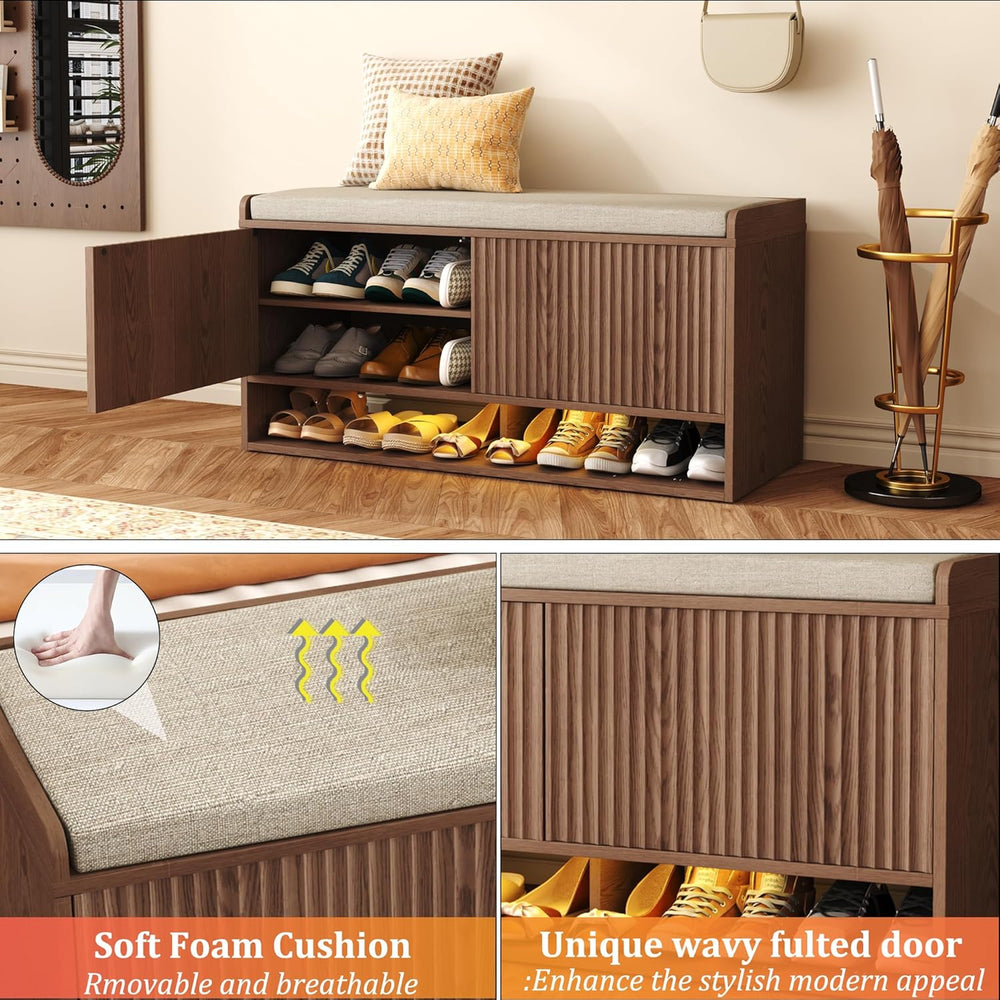 HOMEFORT 39.4" Fluted Shoe Storage Bench, Entryway Bench with Linen Seat...